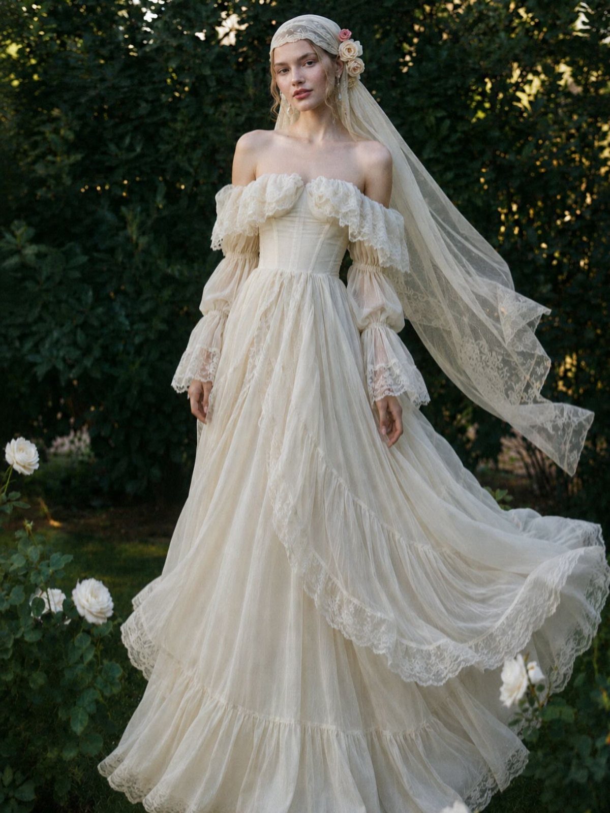 Woman in a vintage cream lace wedding gown and veil in a garden
