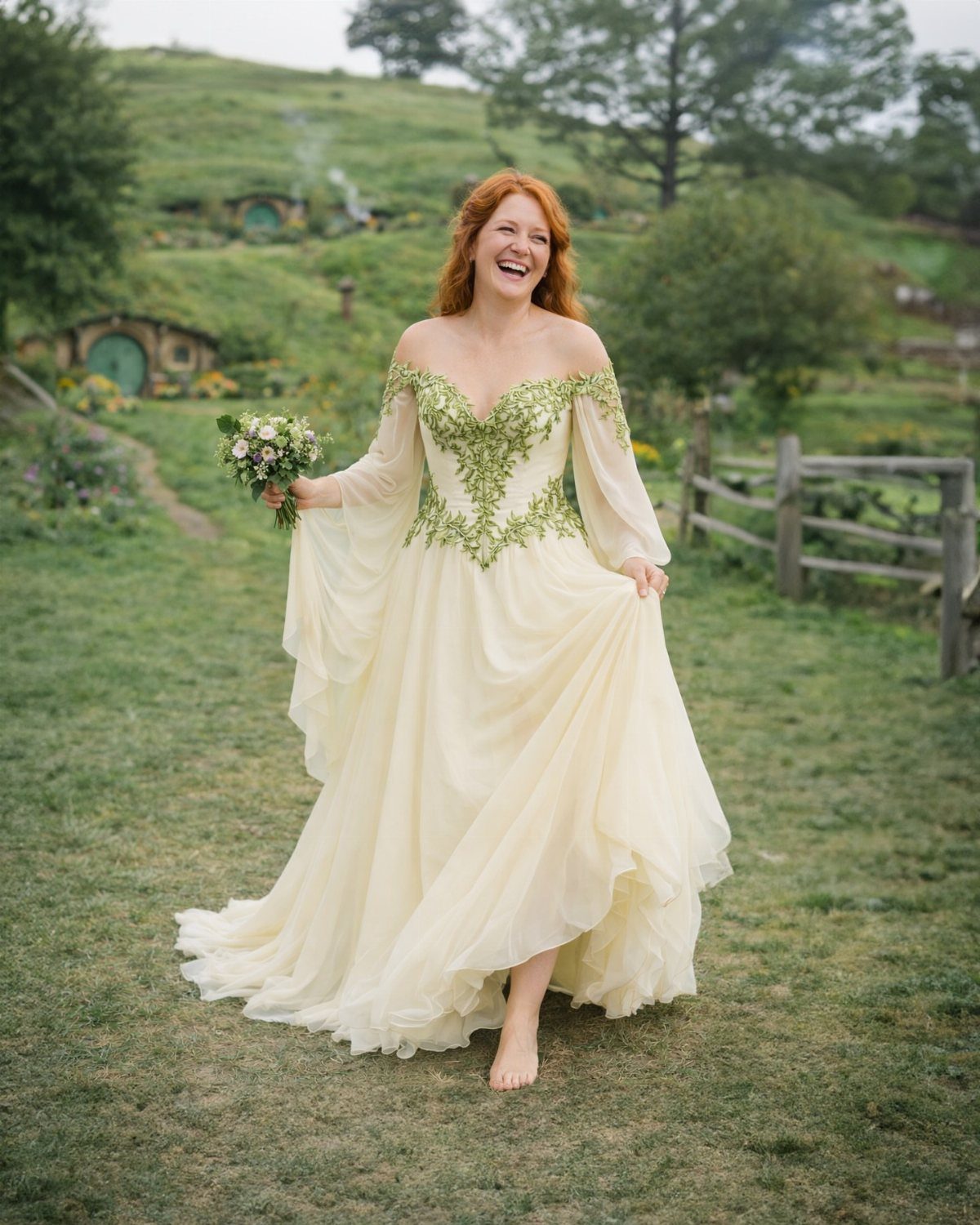 Woman in a cream gown with green floral embroidery standing in a grassy field.