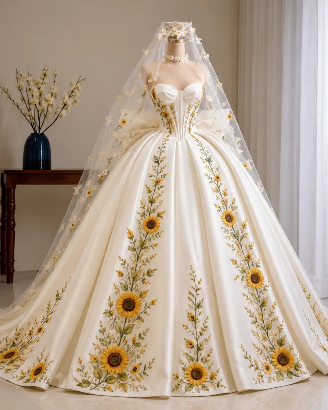 Cream ballgown wedding dress with yellow sunflower embroidery and a sheer floral veil.