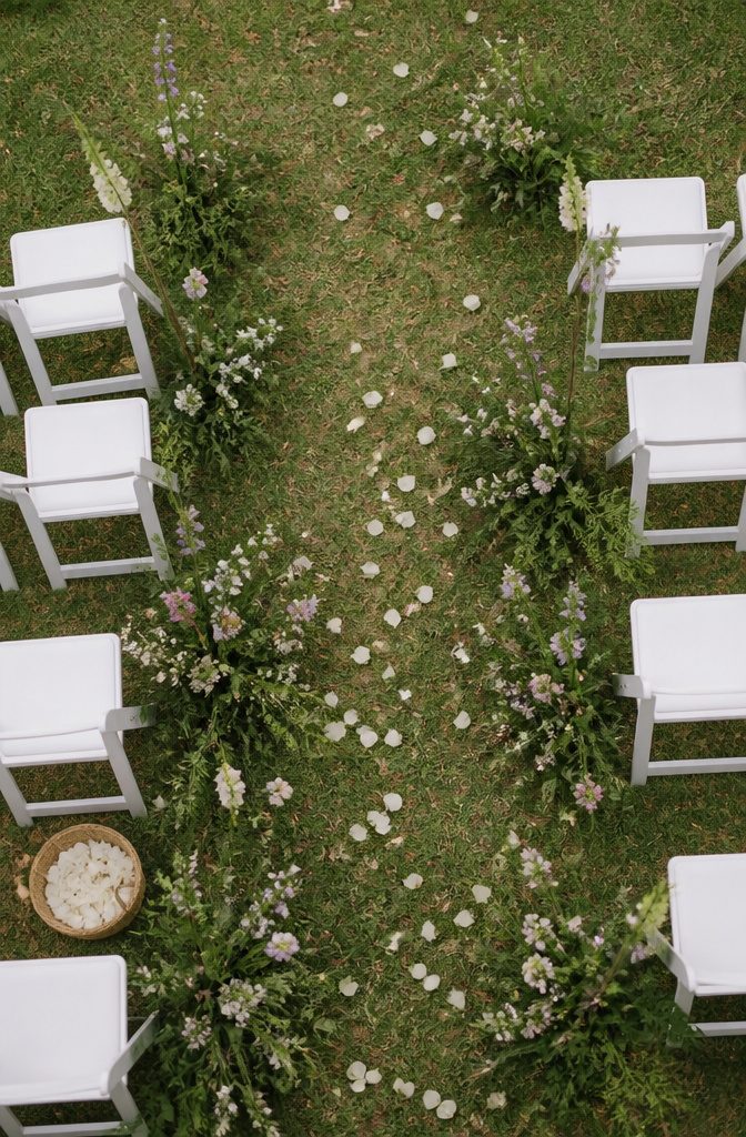 Wedding aisle scattered with flower petals between rows of seats