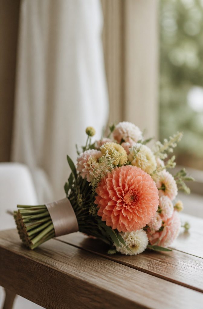 Bridal bouquet with dahlias and greenery held at the stems
