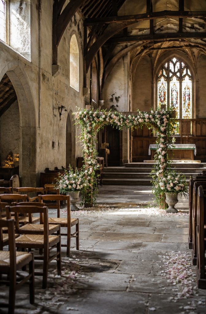 Wooden wedding arbor covered with flowers and greenery