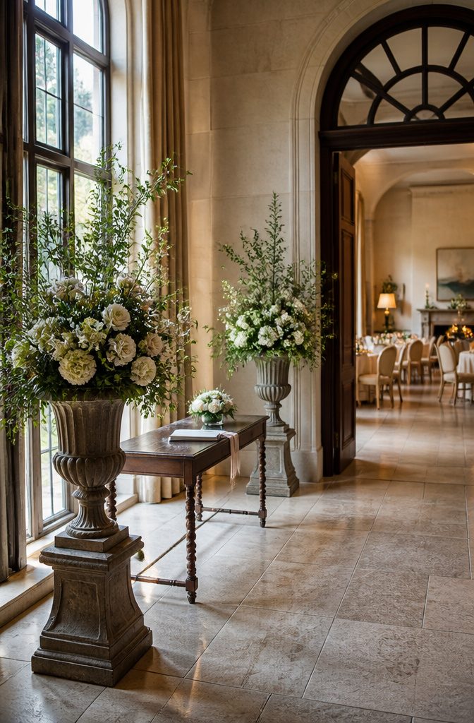 Large urns of greenery and seasonal blooms beside a wedding welcome sign