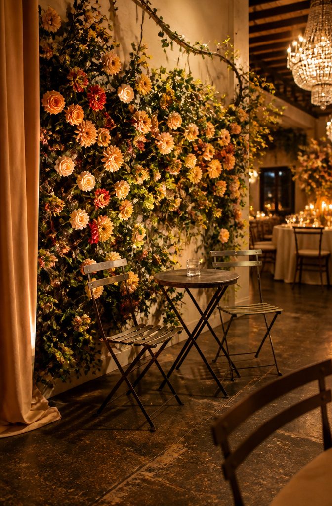 Wedding wall covered with floral wreaths and garlands