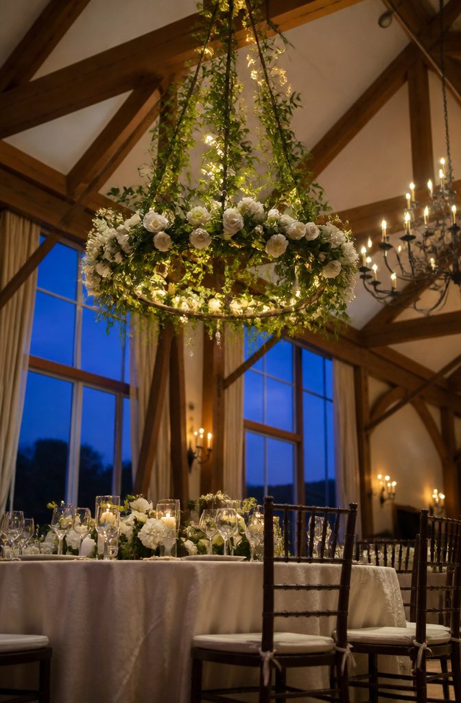 Wedding floral chandelier hanging from a high ceiling