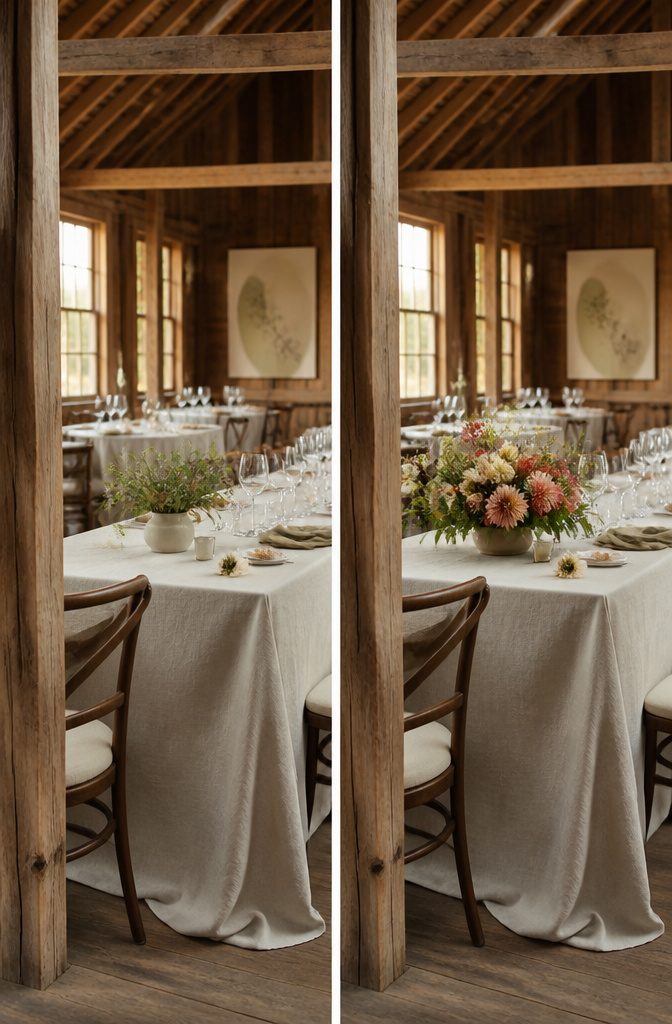 Wedding flowers arranged beside a venue interior with contrasting styles