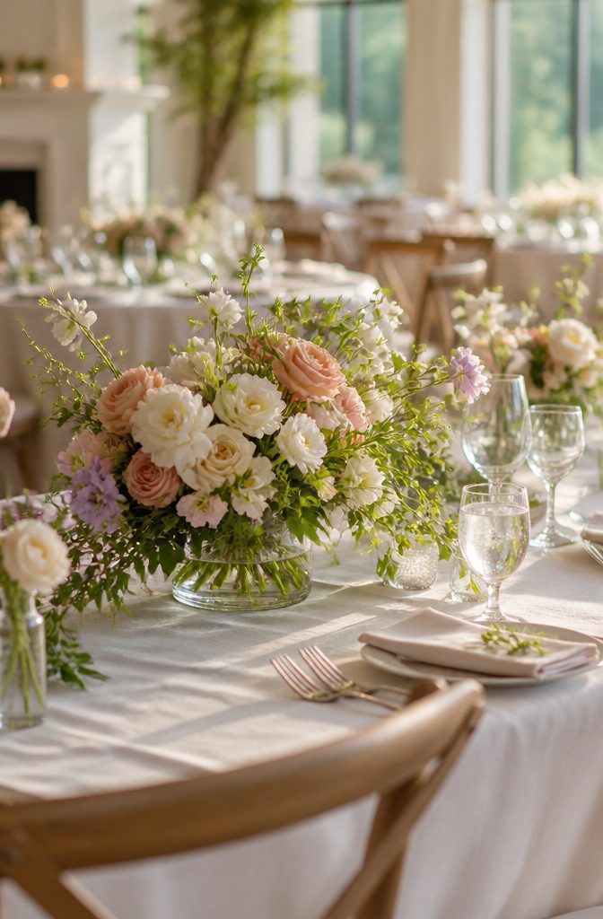 Wedding table centerpiece with blooms arranged in a clear vase