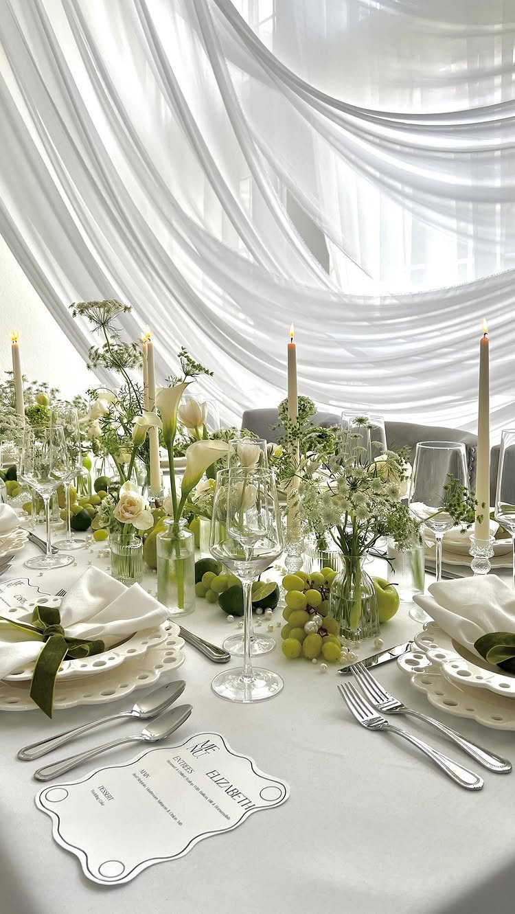 Green Bridal Shower Ideas: 10 Eco-Friendly Party Picks 8 White dining table with floral arrangements and green grapes as centerpieces