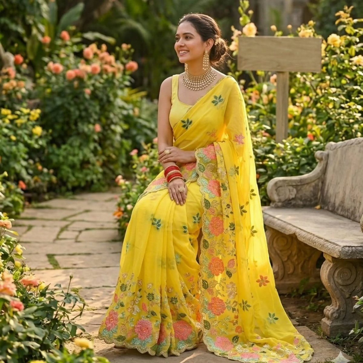 Woman in a yellow saree with colorful floral embroidery posing in a garden