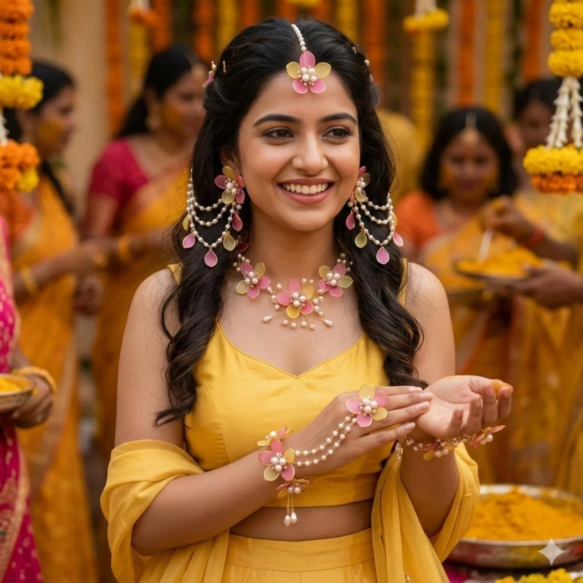 Woman in yellow outfit wearing floral jewelry at a traditional Haldi ceremony.