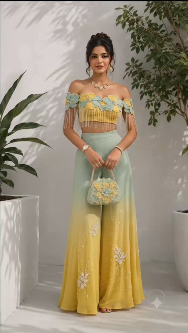 Woman wearing a yellow and blue ombre floral crop top and wide-leg trousers.