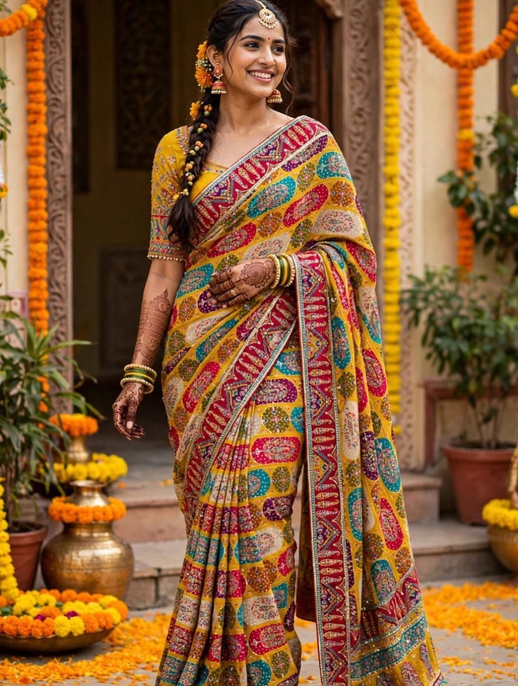 Woman in a colorful yellow patterned saree and traditional jewelry at a haldi ceremony.