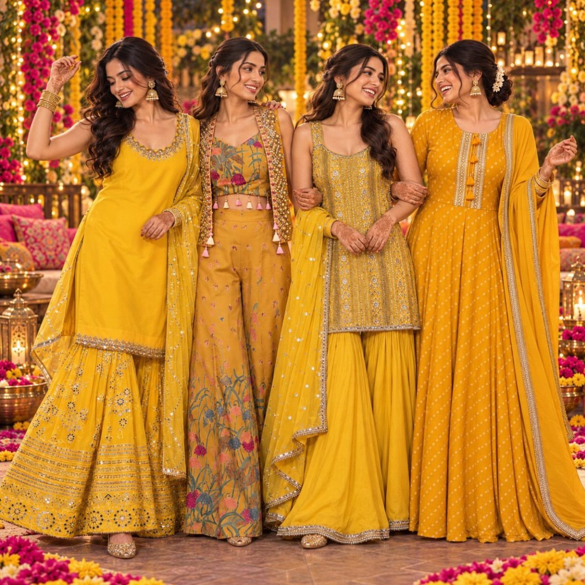 Four women wearing different styles of yellow traditional Indian suits and lehengas.