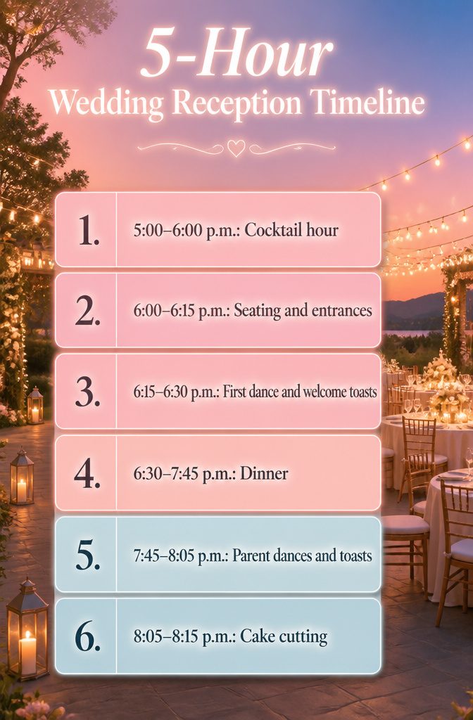 Infographic showing a 5-hour wedding reception timeline.