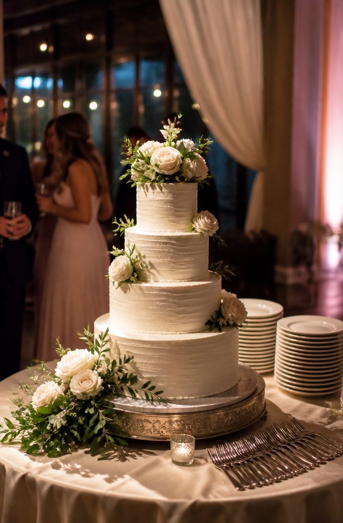Multi-tiered wedding cake on display during the cake cutting ceremony.