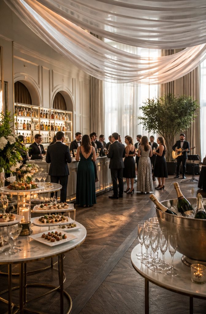 Guests mingling with drinks and appetizers at a cocktail hour.