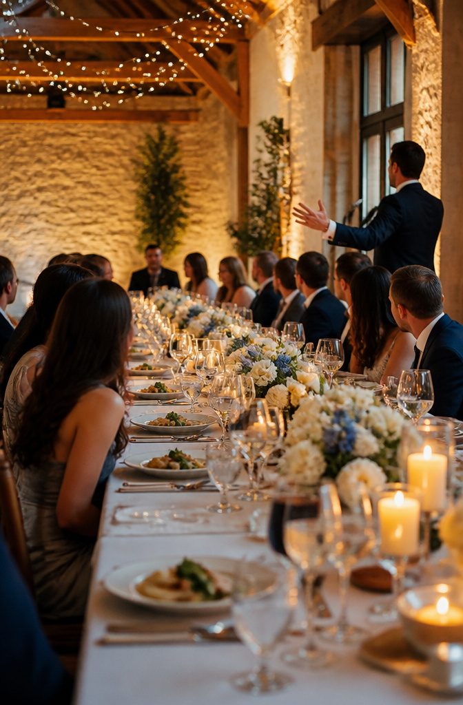 Dining table with white linens and candlelight at a wedding.
