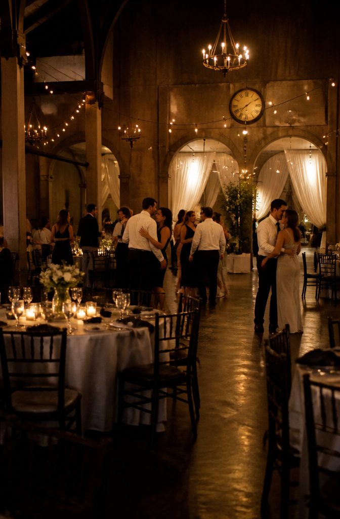 Few remaining couples dancing while others cluster at a wedding.