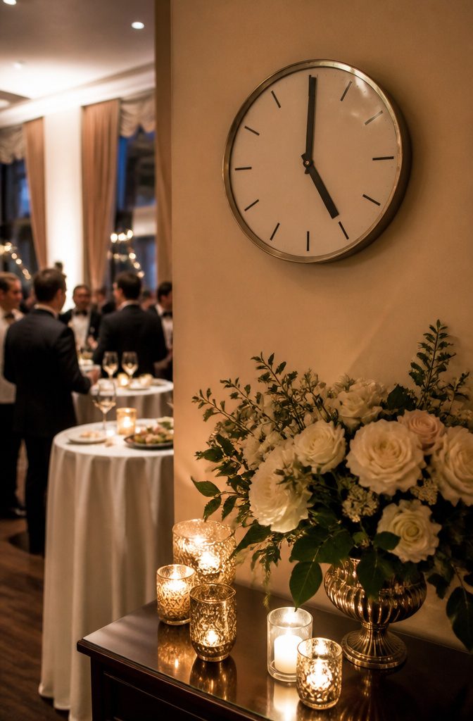 Clock on wall indicating 5:00 PM in a wedding reception.