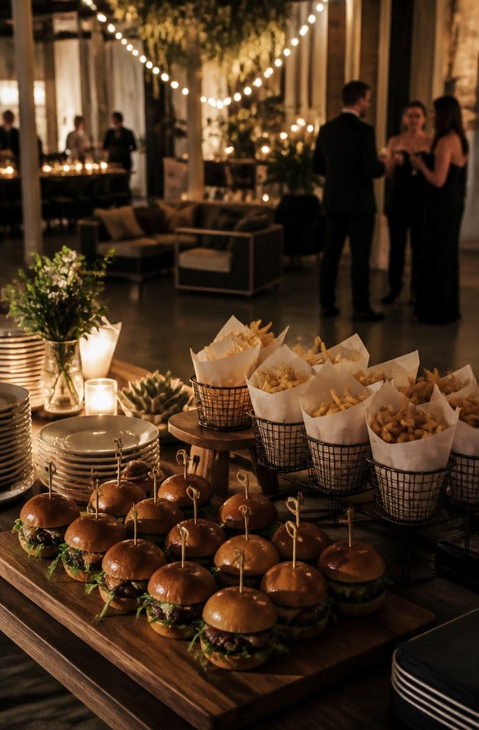 Table with mini sliders and fries at a late-night snack station.