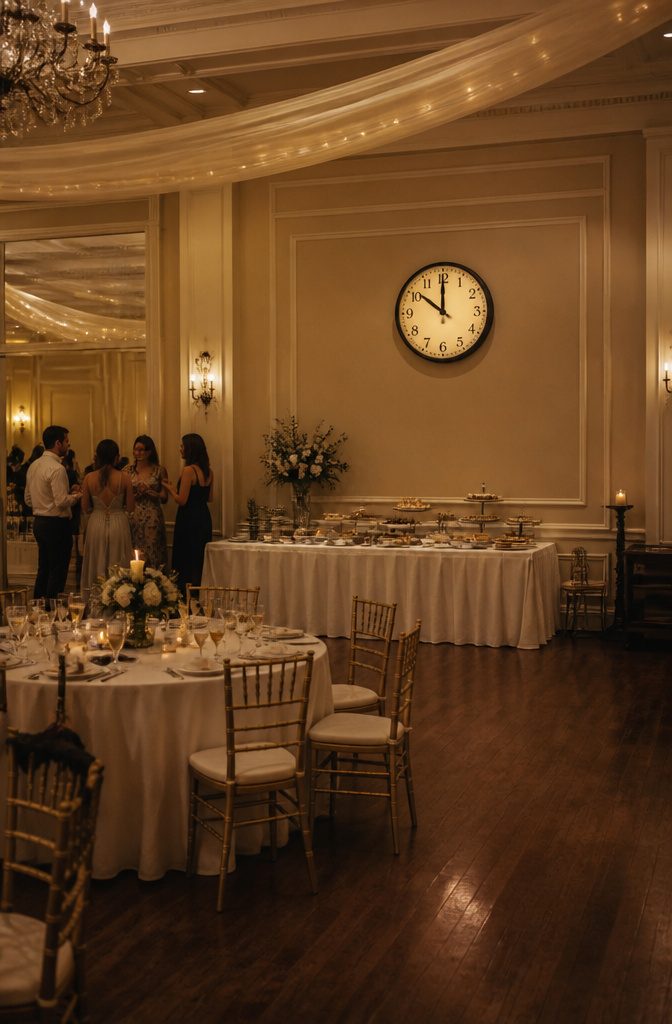 Sign indicating venue rules for wedding reception timing.