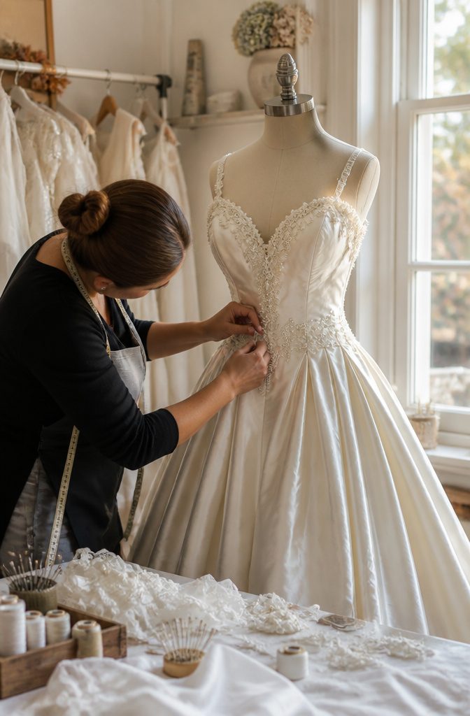 A wedding gown pinned on a dress form, focusing on the bodice.