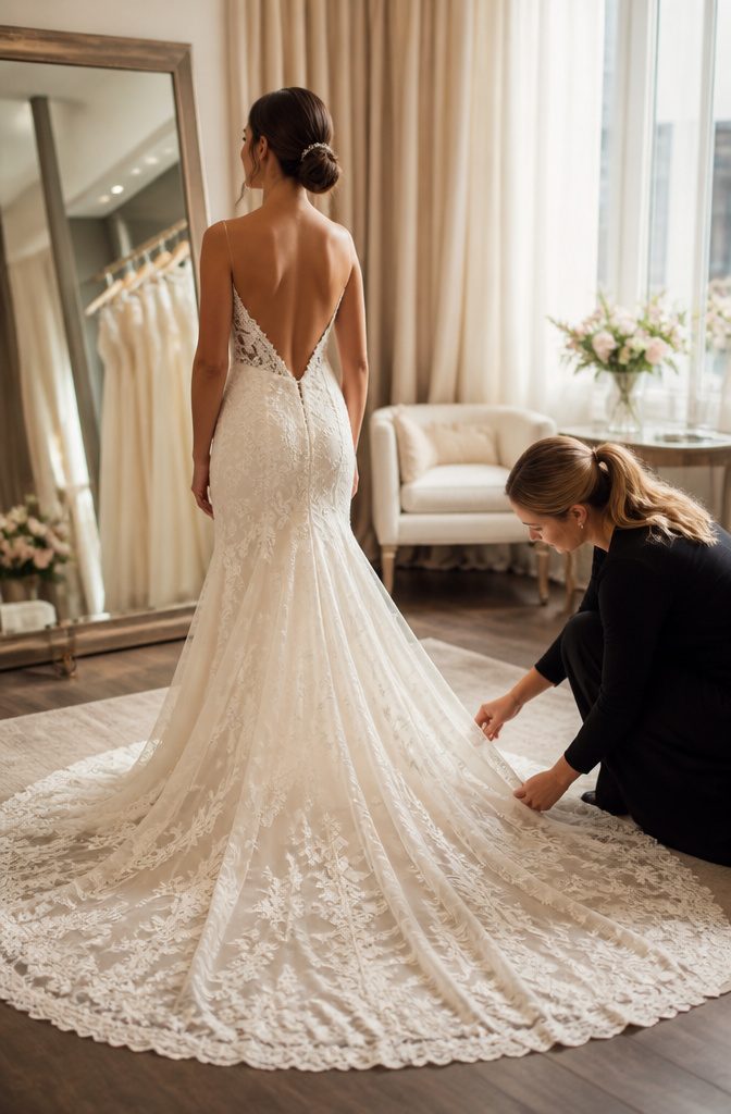 A bride trying on her wedding dress during the final fitting.