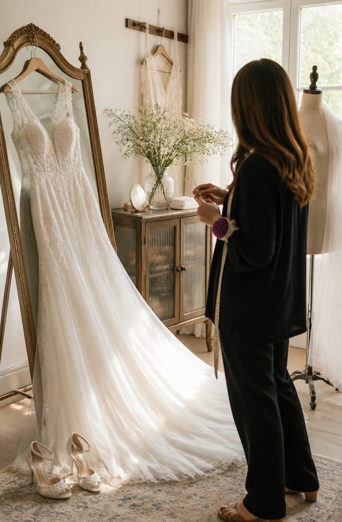 A wedding dress placed on a mirror in a fitting room.