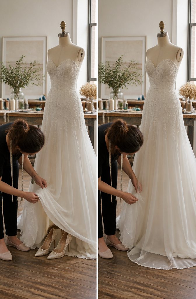A seamstress measuring the hem of a wedding dress.
