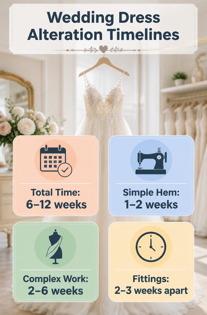 An information image titled 'Wedding Dress Alteration Timelines'.
