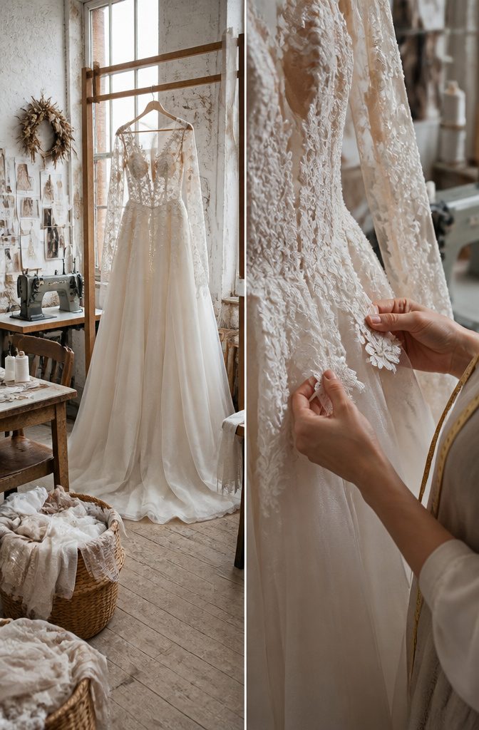 A seamstress adjusting a wedding dress during an intermediate fitting.