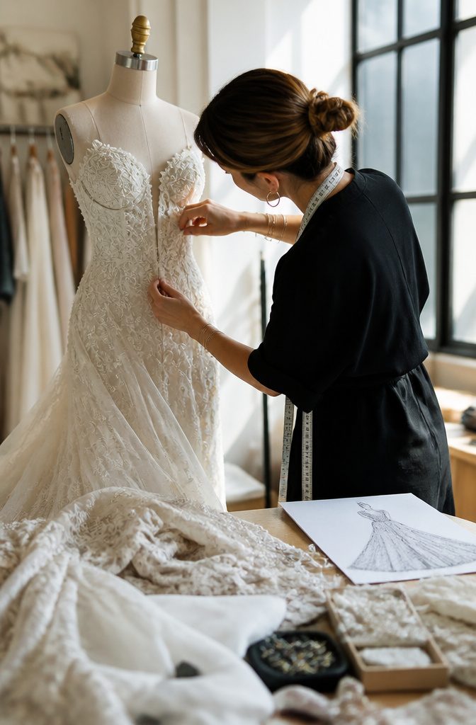 A seamstress making significant adjustments to a wedding gown.