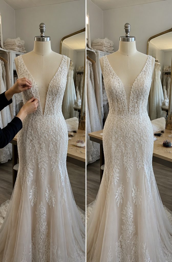 A seamstress working on a wedding dress neckline.