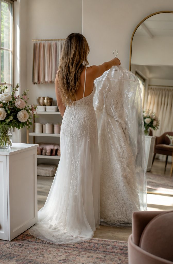 A bride smiling while holding her freshly steamed wedding dress.