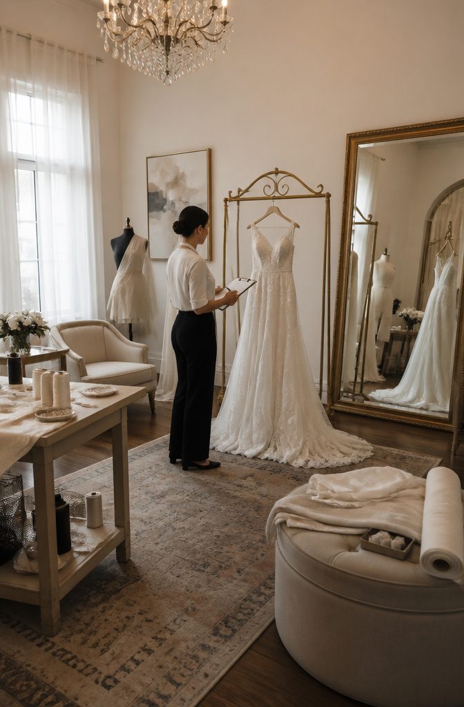 A photograph illustrating wedding dress tailoring timelines.