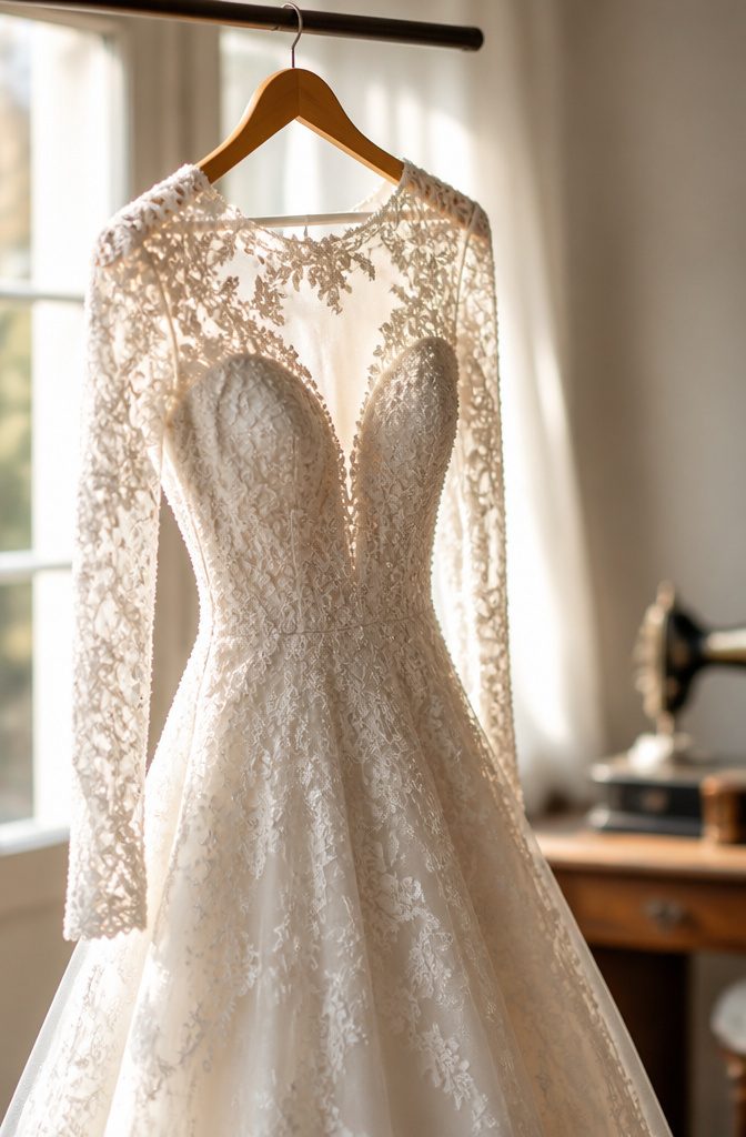 A seamstress pinning lace appliqué on a wedding dress strap.