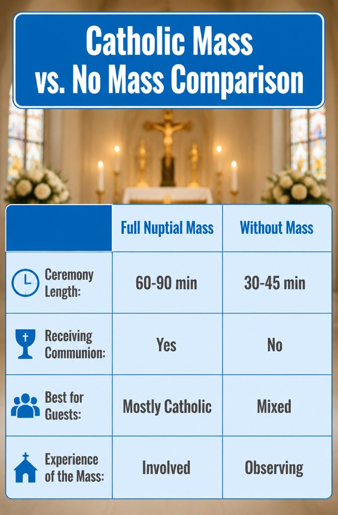 Comparison graphic showing Catholic Mass versus no Mass wedding ceremonies.