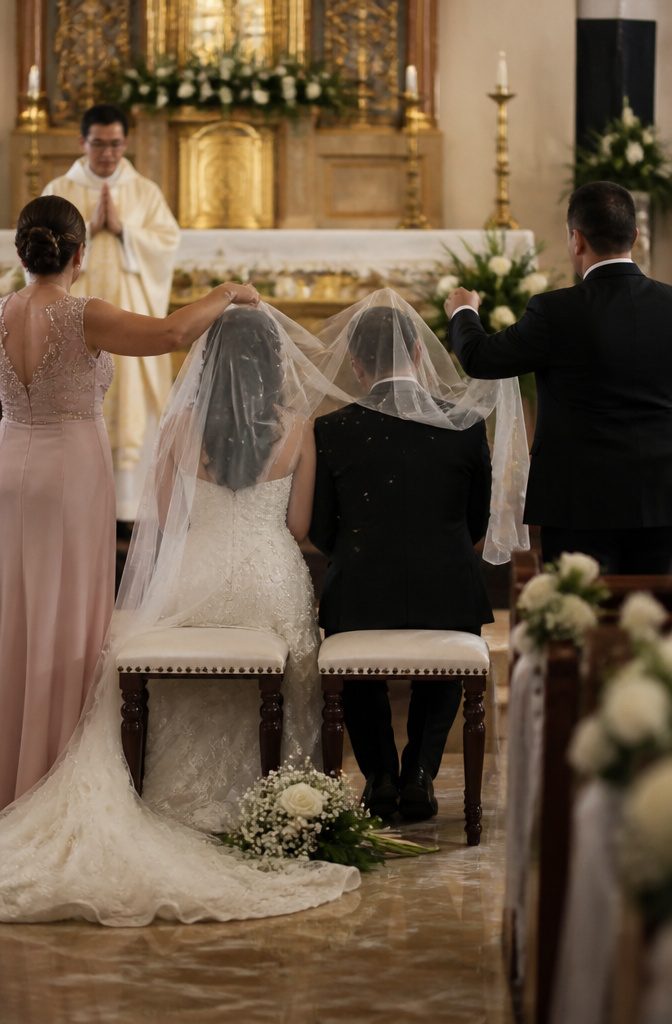 Couple being veiled with a white cloth during a wedding ceremony.