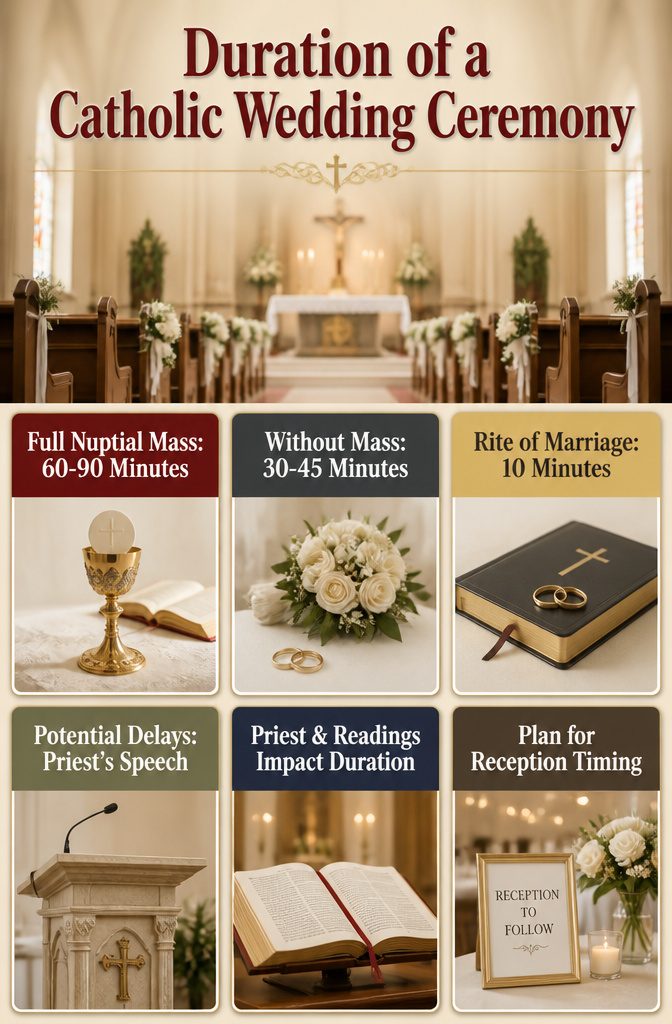 Information graphic detailing the duration of a Catholic wedding ceremony.