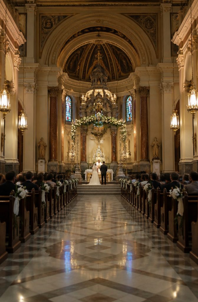 Photographer taking pictures during a Catholic wedding ceremony.