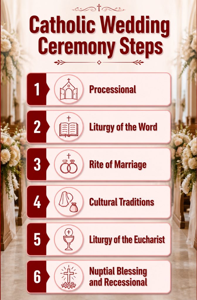 Graphic showing the steps of a Catholic wedding ceremony.