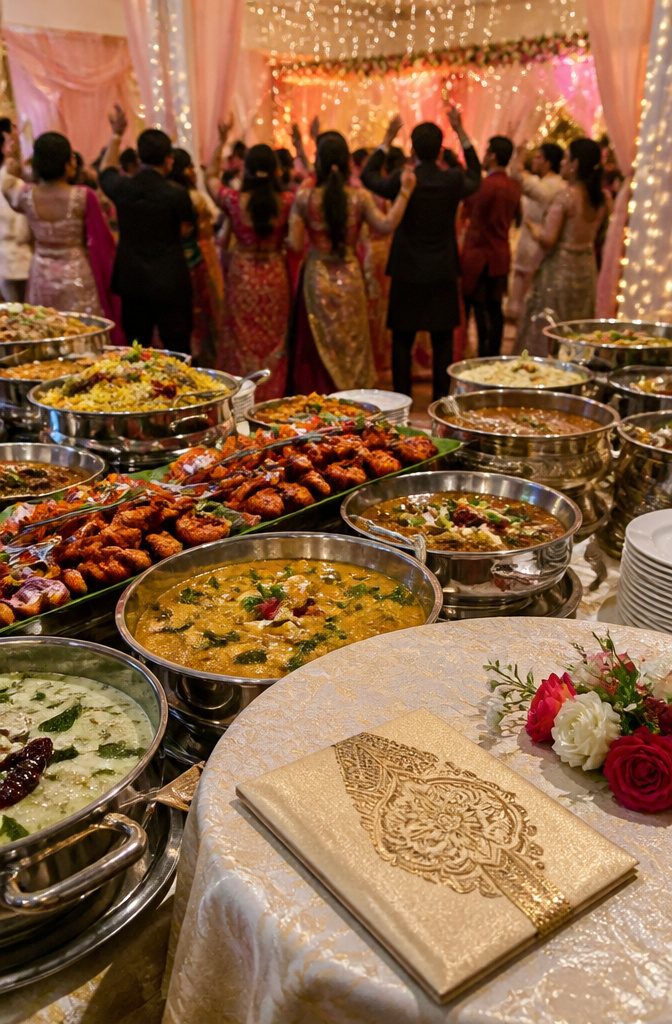 A colorful buffet table filled with diverse Indian wedding dishes.
