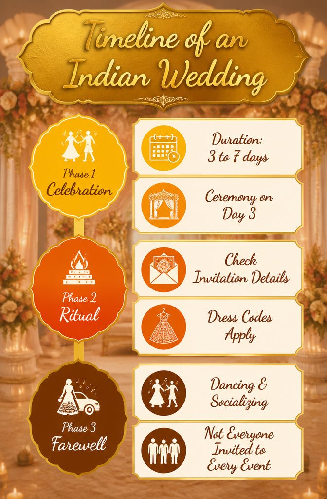 An infographic detailing the timeline of an Indian wedding.