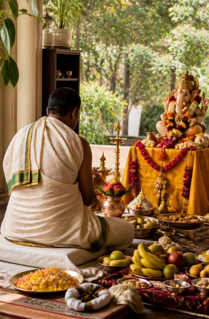 A priest conducting Ganesh Puja before the wedding ceremony.