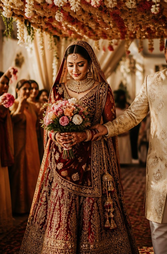 The bride being escorted during the Kanya Aagman ritual.