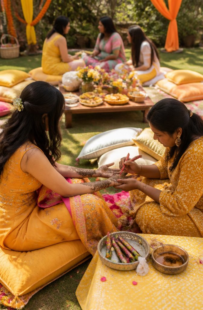 A bride extending her hands to a henna artist during the mehndi ceremony.