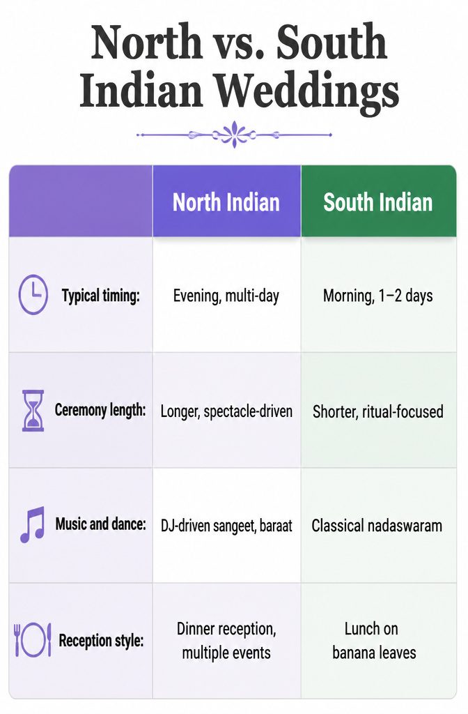 An infographic contrasting North and South Indian wedding traditions.