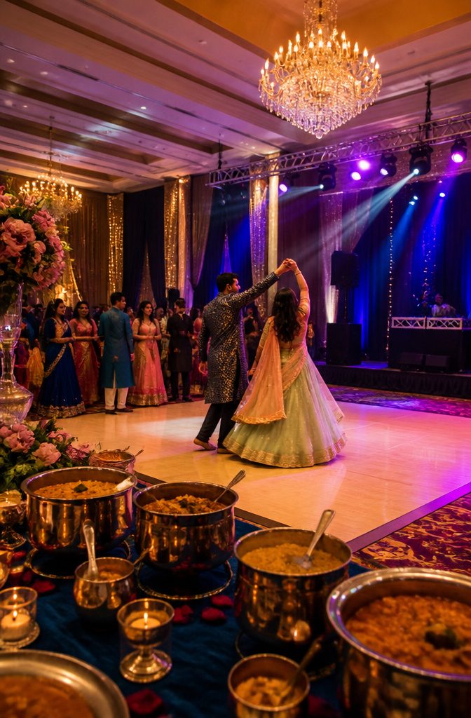 Guests dancing in traditional attire during a colorful sangeet night.
