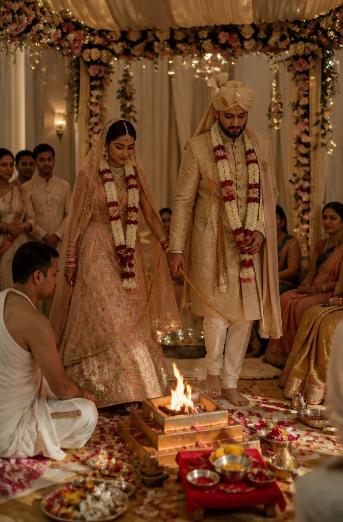 A couple performing the Saptapadi around a sacred fire.