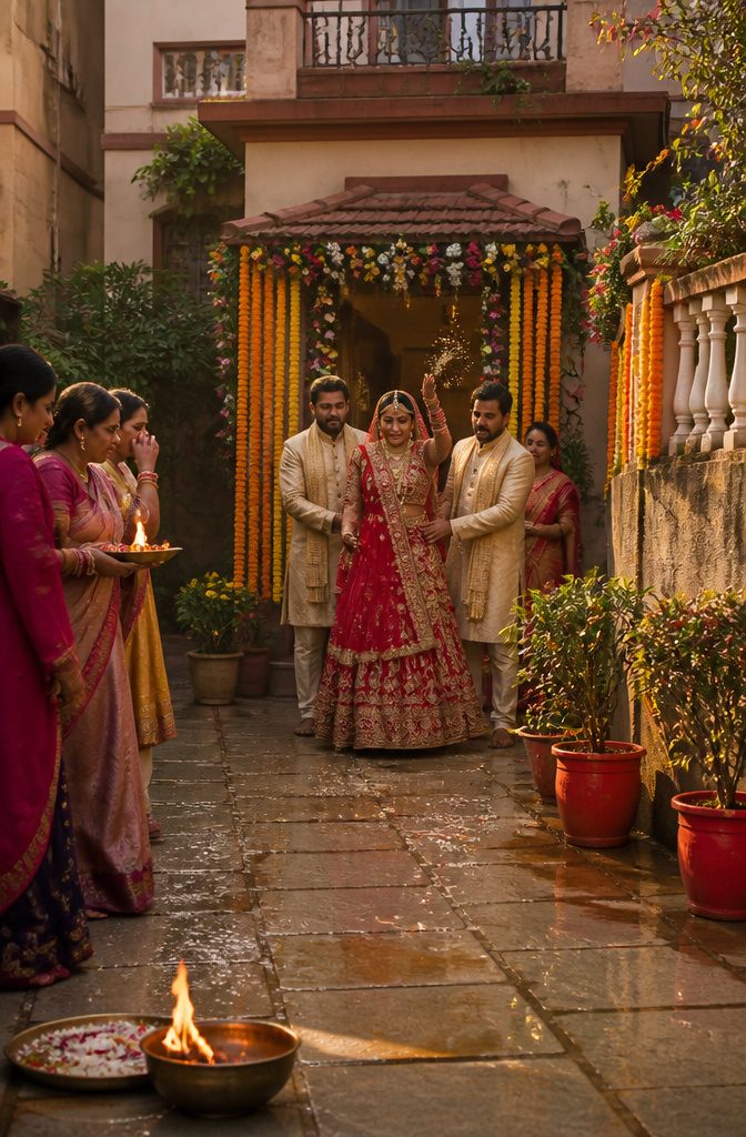 The bride throwing rice as she departs during the vidaai ceremony.